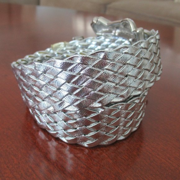 Braided Woven Leather Belt Silver Tone Hardware in Silver Color Size Small - Picture 3 of 9